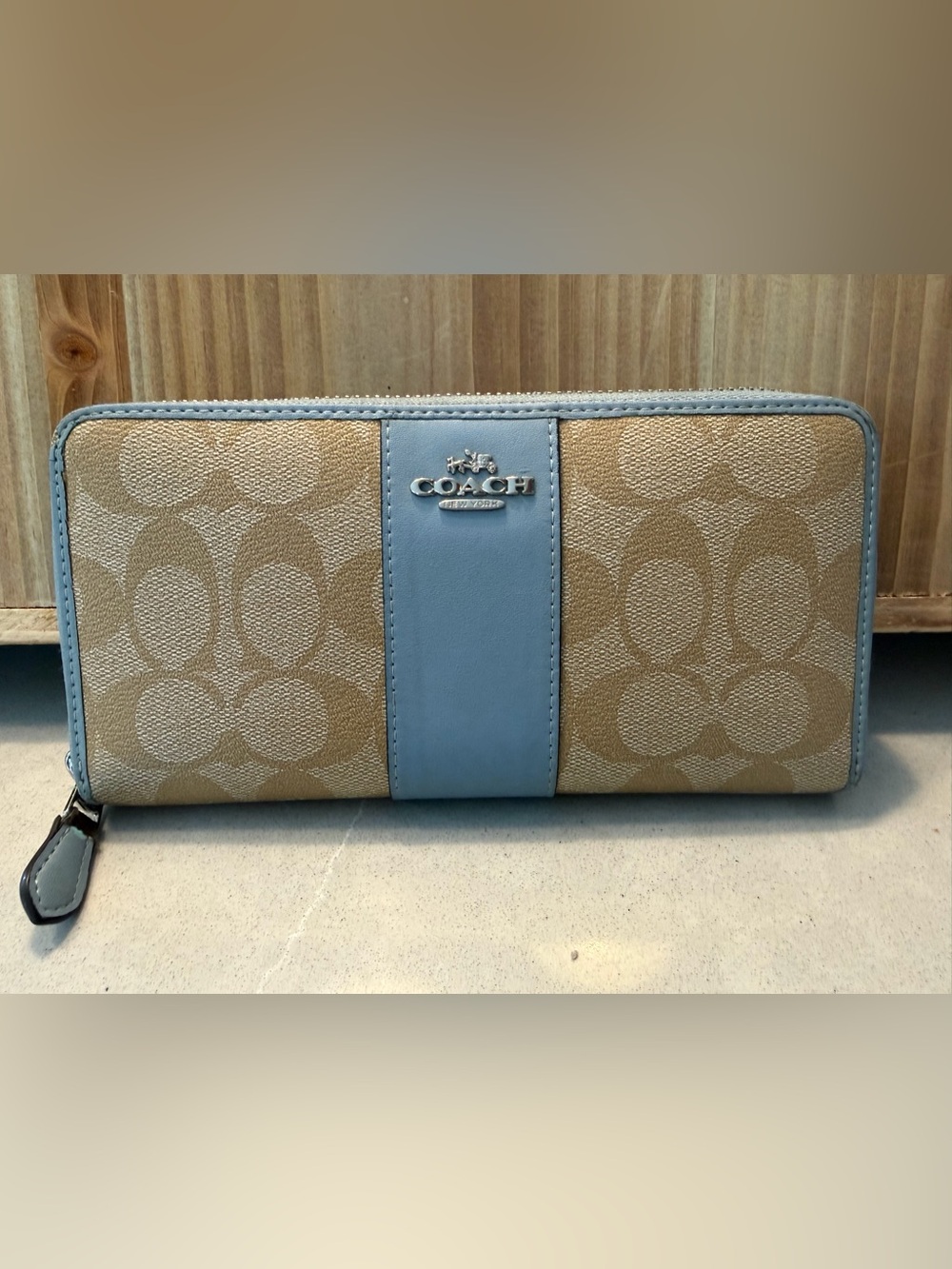 Coach C4452 Signature Khaki Waterfall Blue Long Zip Around Wallet